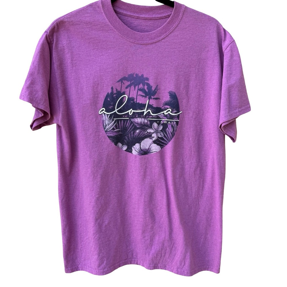 Aloha Hawaii Beach Island Graphic Shirt Tropical Palm Tree Hibiscus Purple M